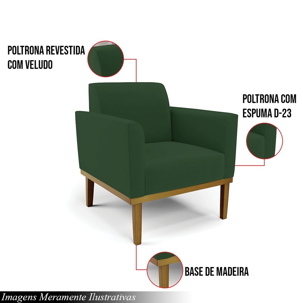 Poltrona Decorativa Isabella Pés Fixo em Madeira Castanho Veludo Verde Esmeralda G19 - Gran Belo - 3