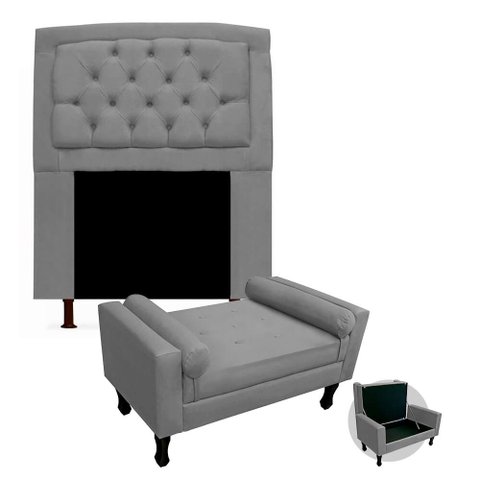 Kit Cabeceira Geovana + Calçadeira Baú Felix Solteiro 100cm Suede - Ecotec Decor:Cinza