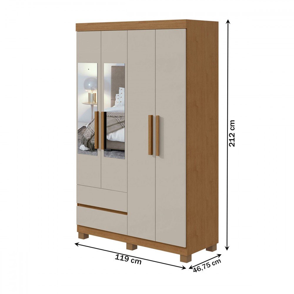 Guarda-roupa Solteiro Zeus 4 Portas 2 Gavetas com Espelho Amêndoa Clean/off White - Móveis Lopas - 4
