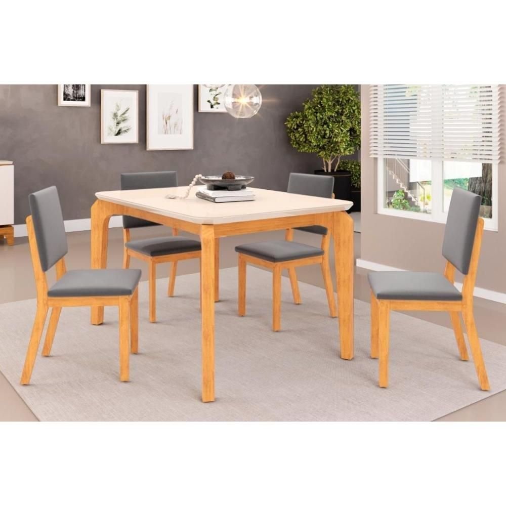 Conjunto: Mesa Sala Jantar Rouge Tampo Madeirado C/ Vidro Curvo 136x90cm e 4 Cadeiras Talia Cedro/ - 1