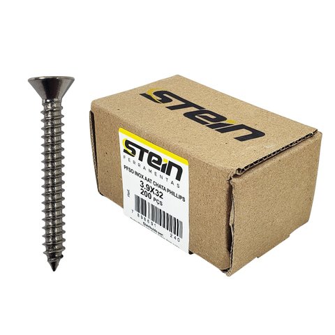 Parafuso Inox Auto Atarraxante Chata Phillips Stein 3,9x32 Caixa com 200 Peças