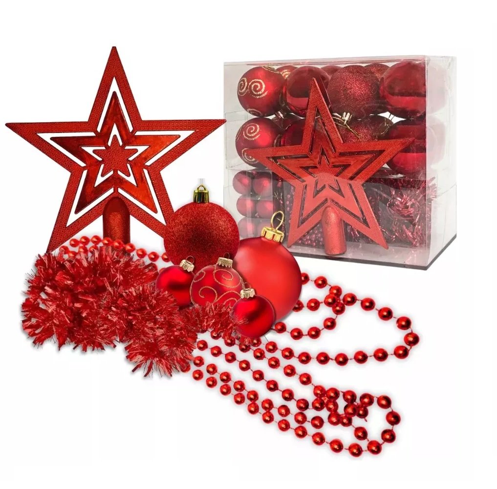 Kit com 44 Enfeites para Árvore de Natal Estrela Vermelho - 2