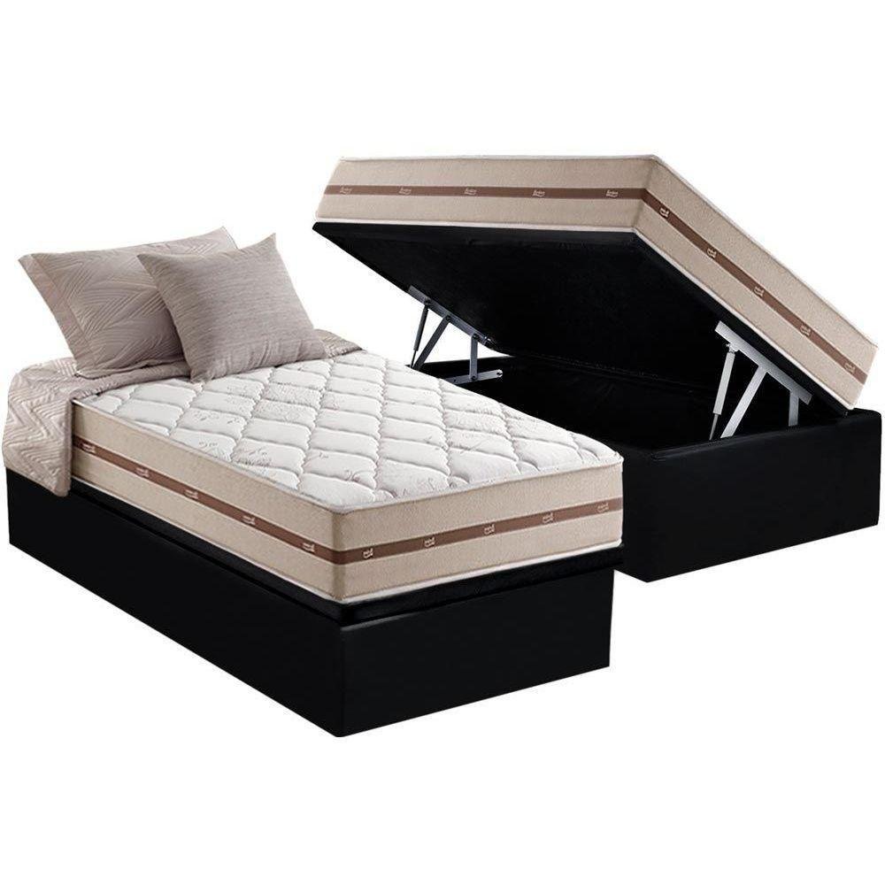 Cama Box Baú Solteiro: Colchão Molas Ensacadas Classic + Base Crc Suede Black(88x188) - 1
