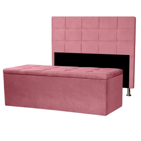 Kit Cabeceira e Calçadeira Baú Casal 1,40m Roma Suede - Pallazio Cor Rosa