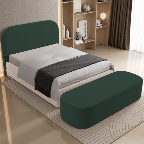 Cabeceira Cama Box Casal 140cm Lanna com Puff Recamier Doha W01 Suede Verde Musgo - Lyam Decor