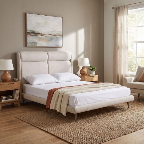 Cama Japonesa King Ema com Cabeceira Courino Bege Linho Off White Madeira Sallar Home 205cm