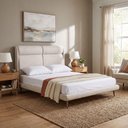 Ver imagem 1 de Cama Japonesa King Ema com Cabeceira Courino Bege Linho Off White Madeira Sallar Home 205cm