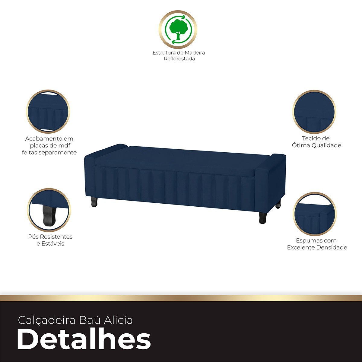 Calçadeira Baú Casal King Size Estofada Alicia Veludo Azul Marinho - 6