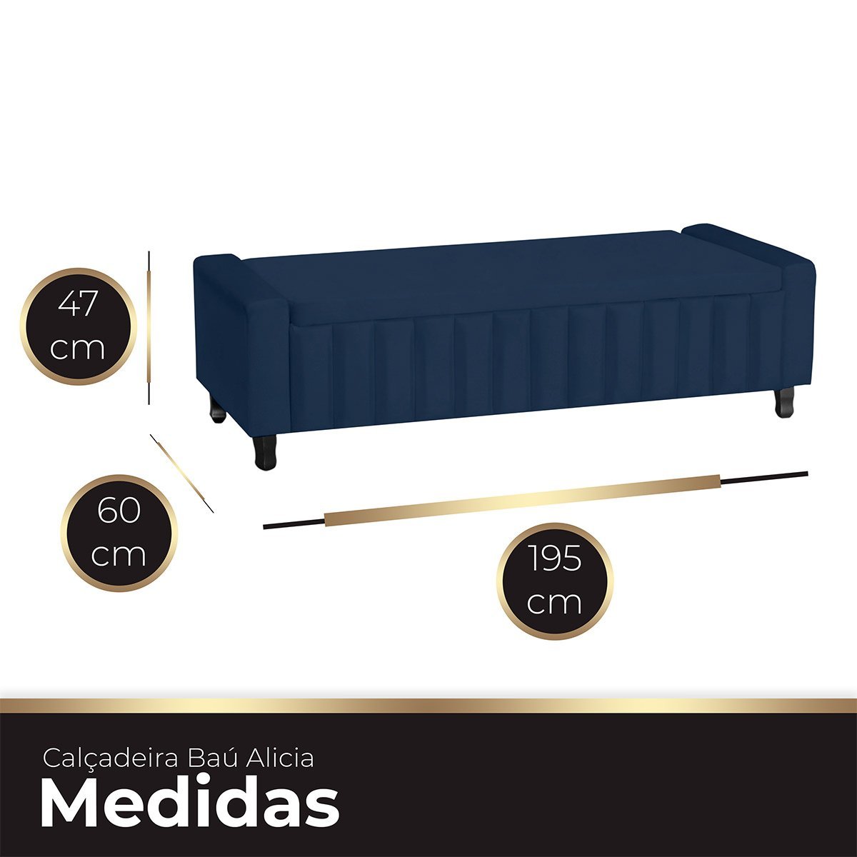 Calçadeira Baú Casal King Size Estofada Alicia Veludo Azul Marinho - 5