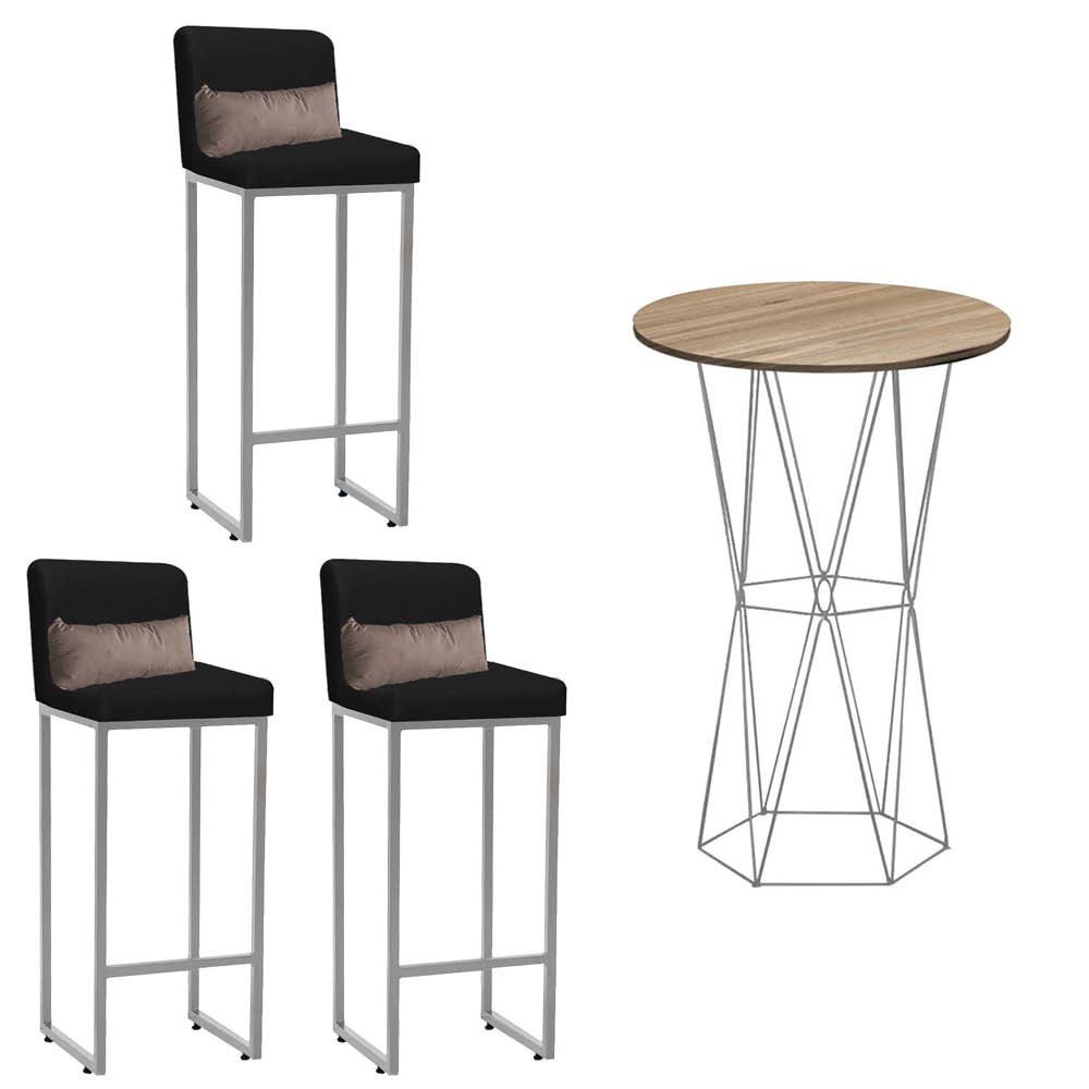 Kit Mesa Bistrô Flork e 3 Banqueta Lucca Alta Com Encosto Tampo Caramelo Ferro Prata Sintético Preto - 1