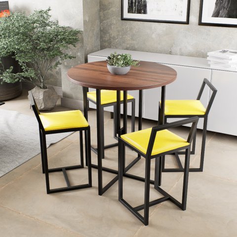 Conjunto Mesa 4 Cadeiras Estofado Tampo Imbuia Redondo Industrial Black