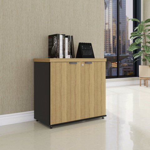 Armário Baixo para Escritório com 2 Portas Pivotantes PE40 Cinza/Preto/Samba