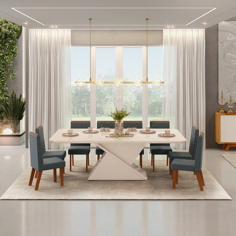 Conjunto Mesa Zafira Tampo Chanfrado Curvo 8 Cadeiras Nara