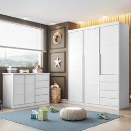 Quarto Infantil Completo Perola com Guarda Roupa 3 Portas e Cômoda 2 Portas branca - Phoenix Baby - 1