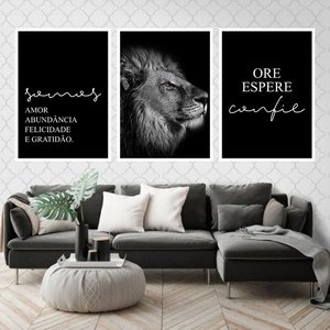 Kit 3 Quadros Somos Amor - Leão 24x18cm - com vidro:Madeira preta