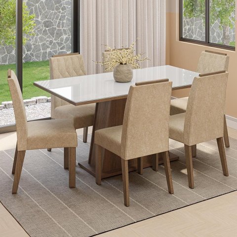 Conjunto Sala de Jantar Tampo de Vidro 6 Cadeiras Rustic/Branco/Imperial Peônia Madesa