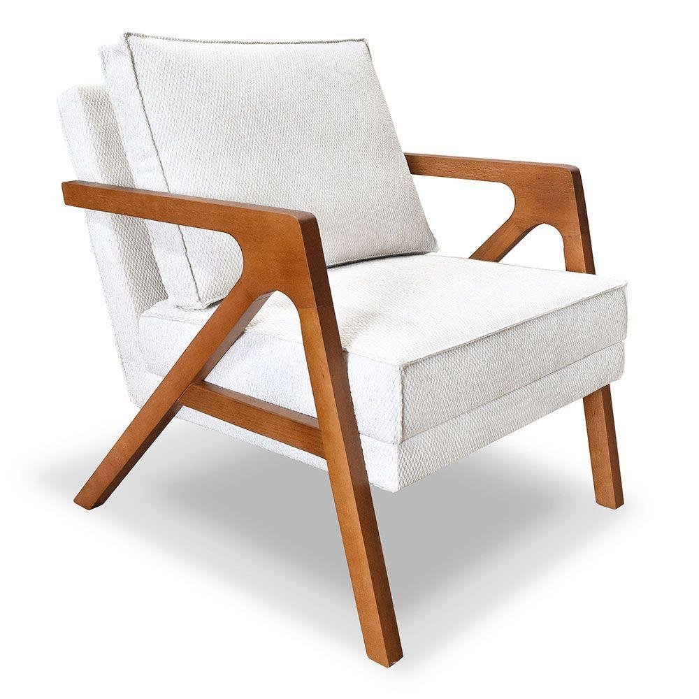Poltrona Decorativa Luiza Linho Bouclê Base em Madeira Castanho - Pallazio Off White - 1