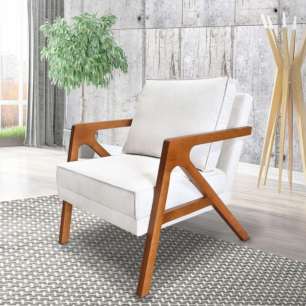 Poltrona Decorativa Luiza Linho Bouclê Base em Madeira Castanho - Pallazio Off White - 6