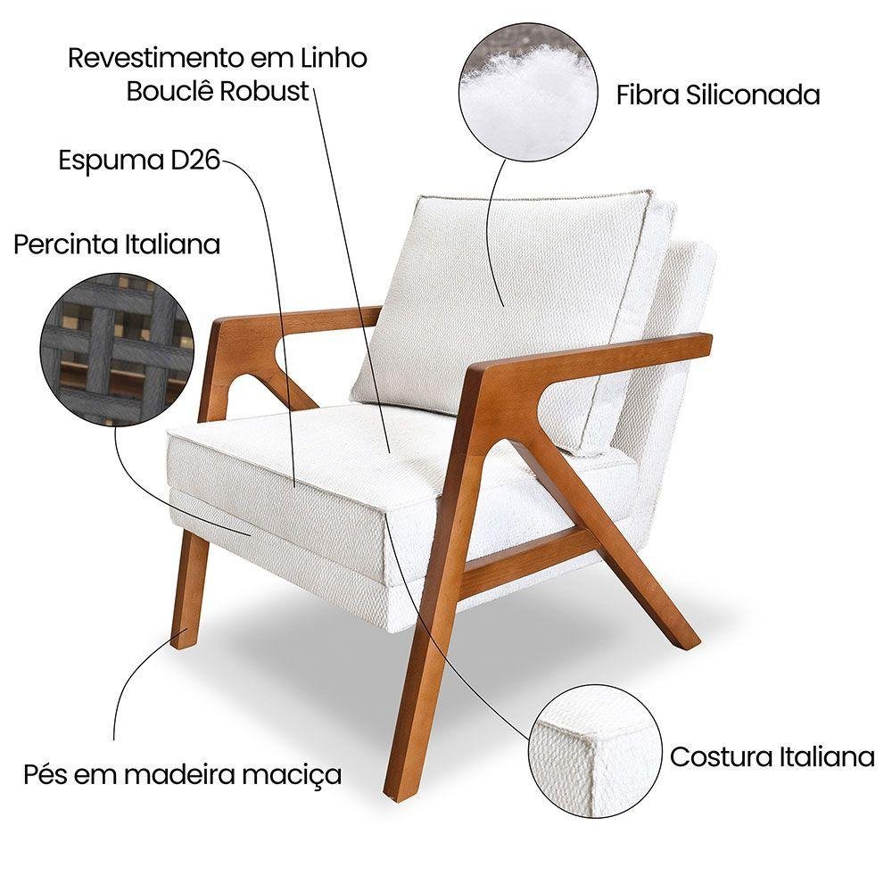 Poltrona Decorativa Luiza Linho Bouclê Base em Madeira Castanho - Pallazio Off White - 2