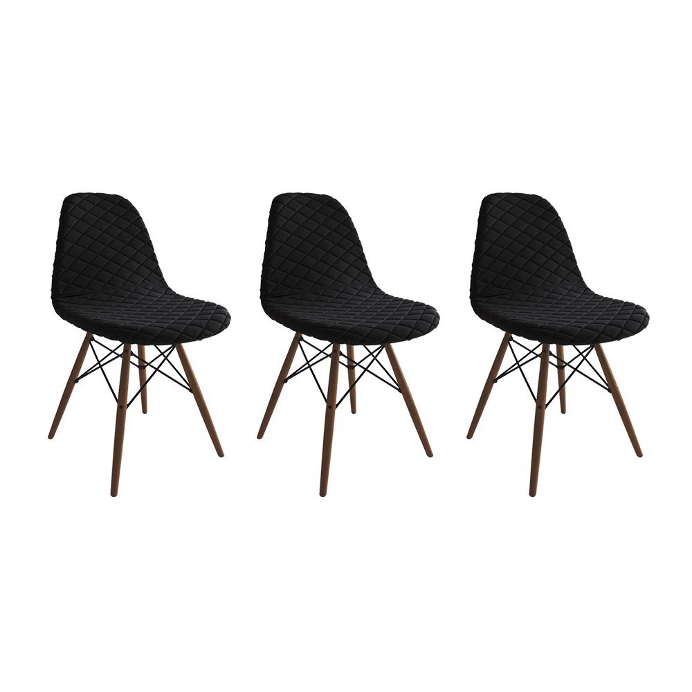 Kit 3 Cadeiras Jantar Eames Eiffel Estofadas Preto Base Madeira - 1