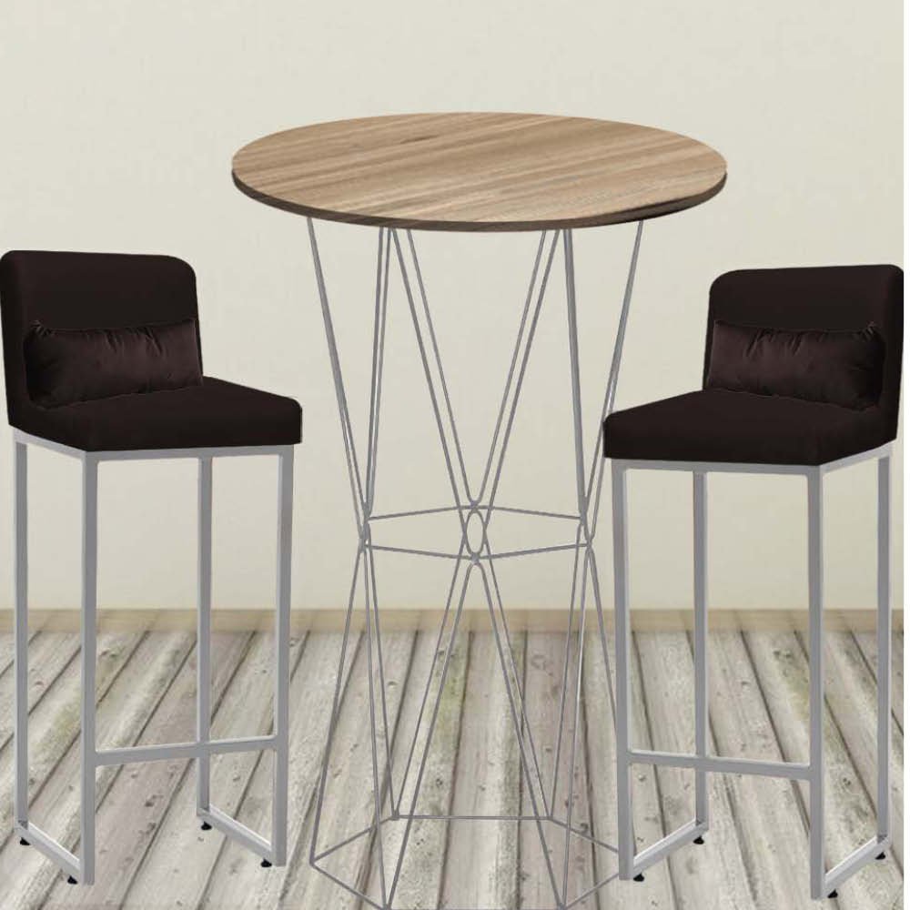 Kit Mesa Bistrô Flork e 2 Banqueta Lucca Alta Com Encosto Tampo Castanho Ferro Cinza Suede Marrom e  - 1