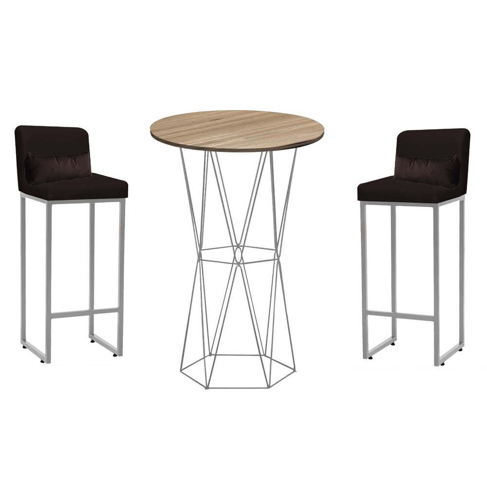 Kit Mesa Bistrô Flork e 2 Banqueta Lucca Alta Com Encosto Tampo Castanho Ferro Cinza Suede Marrom e  - 2
