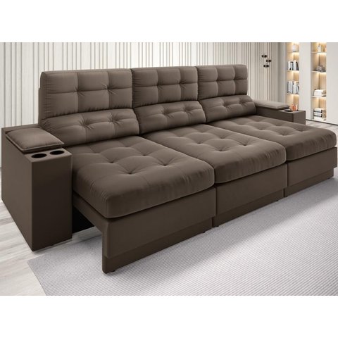 Sofá com Porta Copos e Carregador USB Eureka 2,30m Assento Retrátil e Reclinável Velosuede