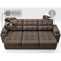 Sofá com Porta Copos e Carregador USB Eureka 2,30m Assento Retrátil e Reclinável Velosuede - 5