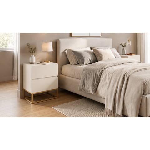 Kit Mesa de Cabeceira Eros Off White Estilo Industrial 2 Gavetas 45cm Base Dourado