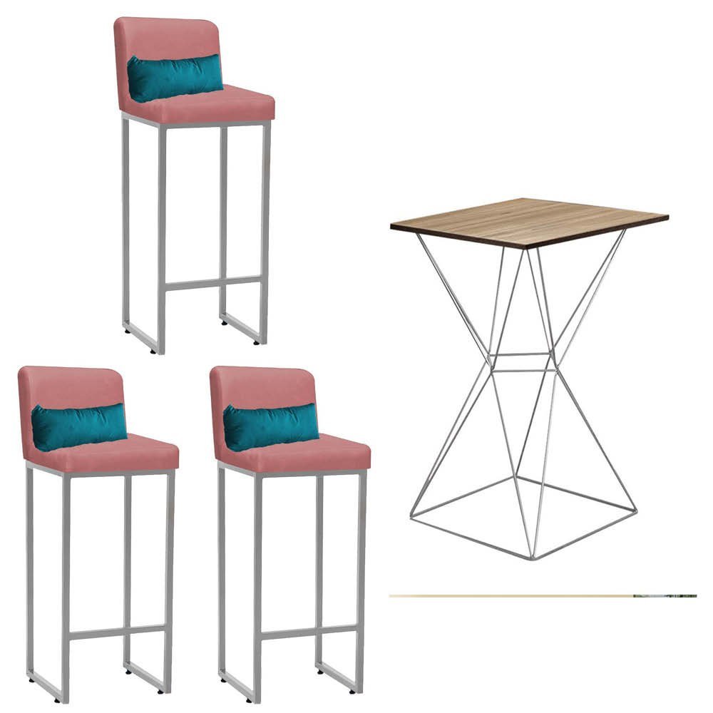 Kit Mesa Bistrô Lucca e 3 Banqueta Lucca Tampo Madeira Ferro Prata Suede Rose Gold e Almofada Azul T - 1
