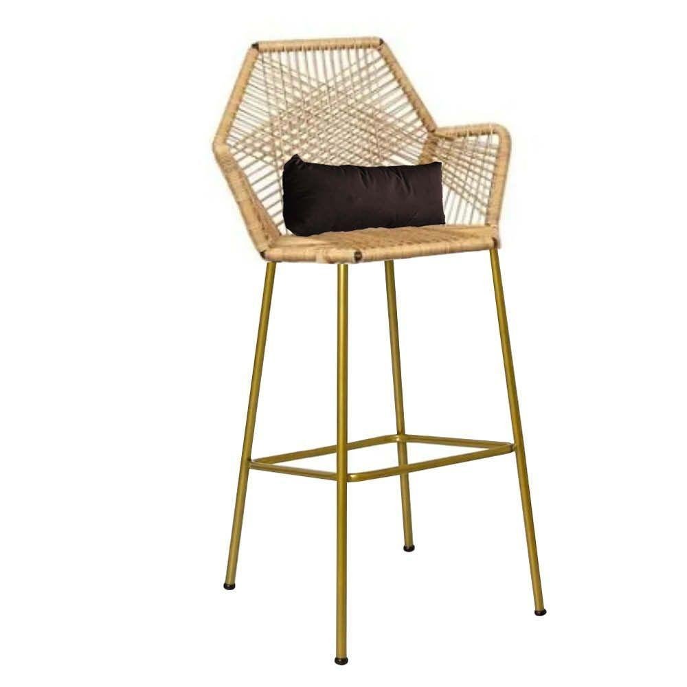 Kit 07 Banqueta Alta Com Encosto Sttar Ferro Dourado Fibra Palha Almofada Suede Marrom - 3
