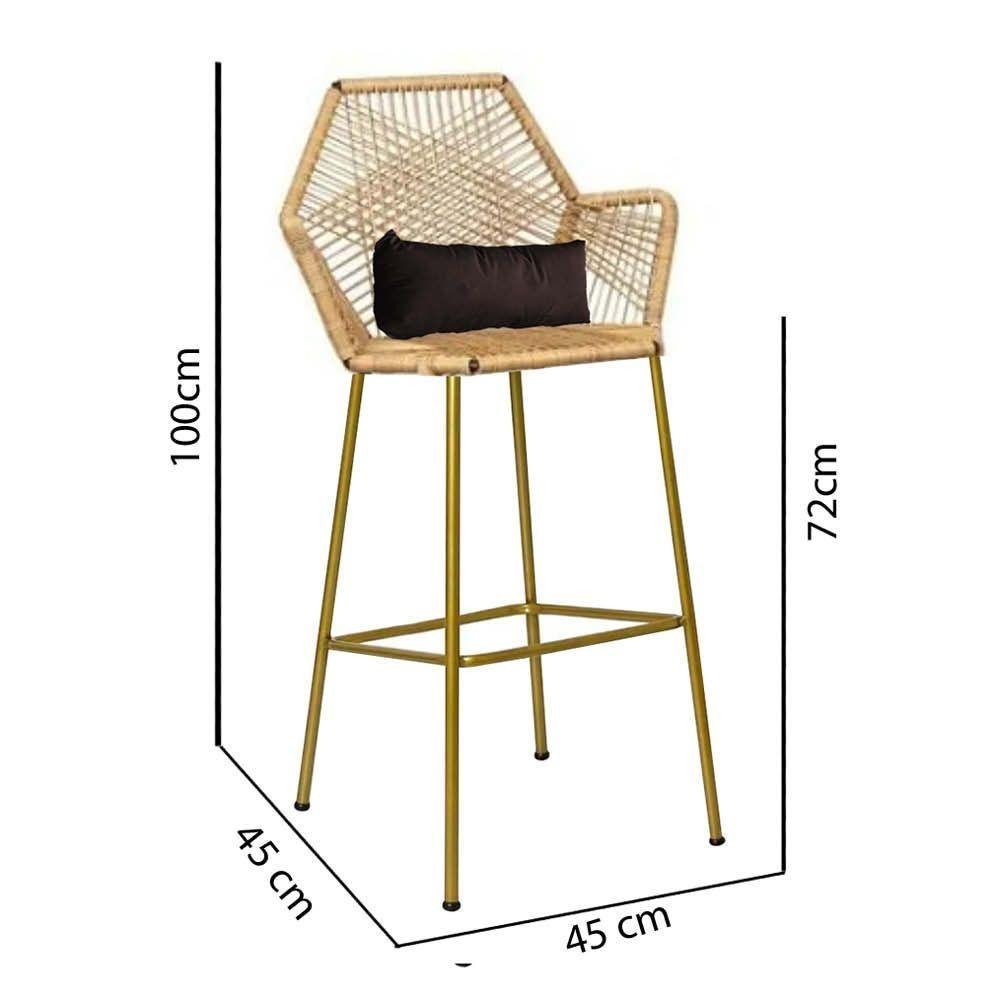 Kit 07 Banqueta Alta Com Encosto Sttar Ferro Dourado Fibra Palha Almofada Suede Marrom - 2