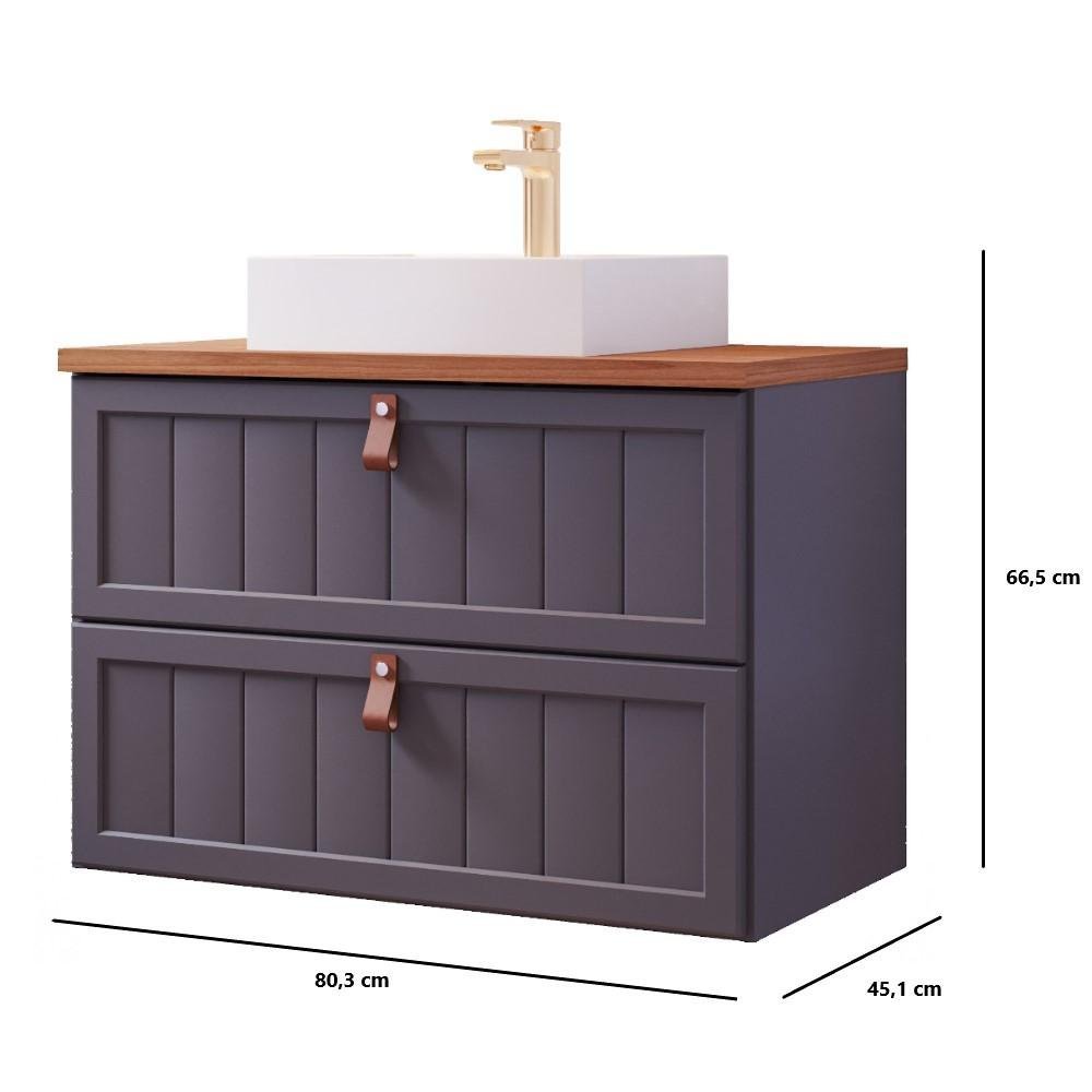 Gabinete Suspenso para Banheiro com Cuba 80cm em MDF Sense MGM Marrom Cinza - 3