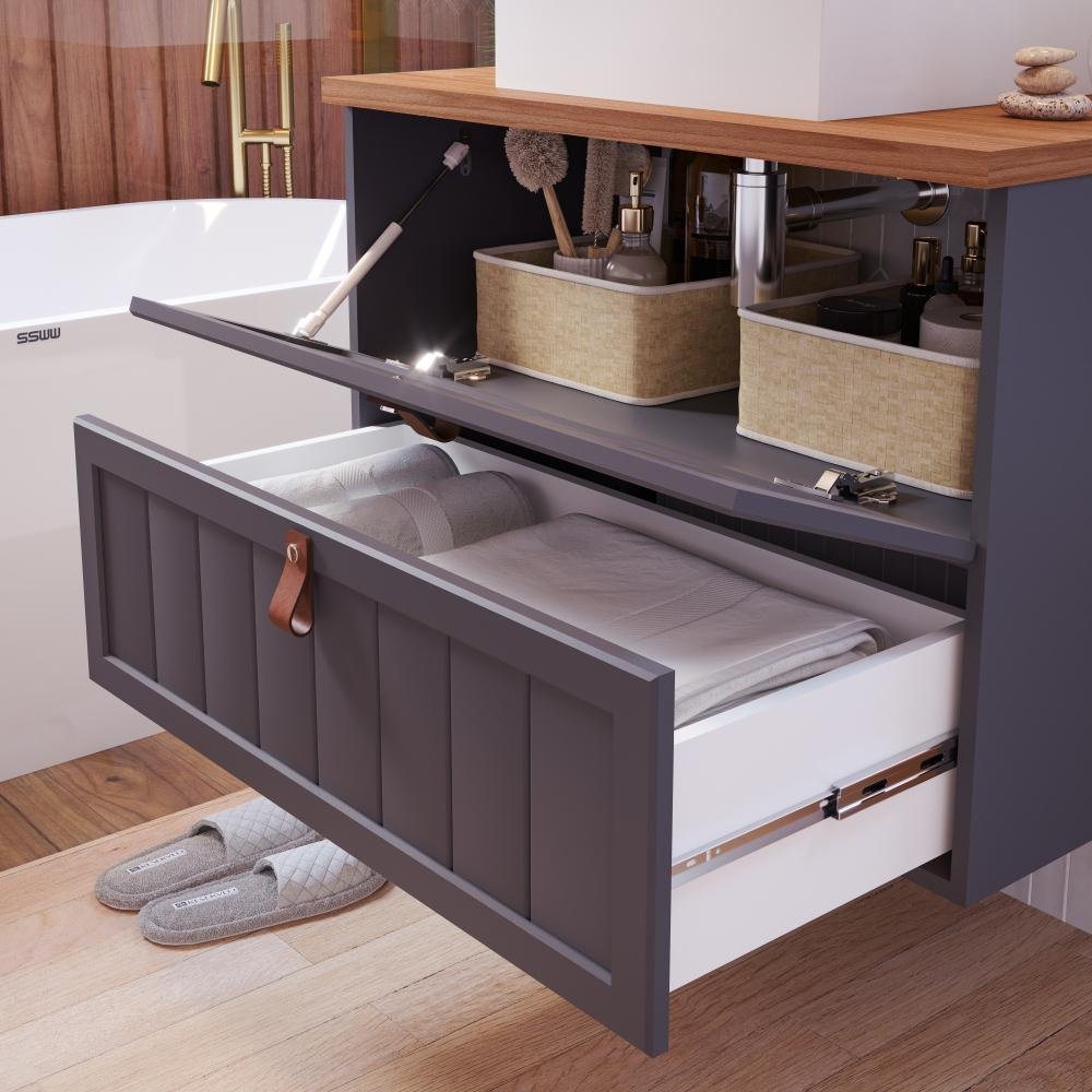 Gabinete Suspenso para Banheiro com Cuba 80cm em MDF Sense MGM Marrom Cinza - 4