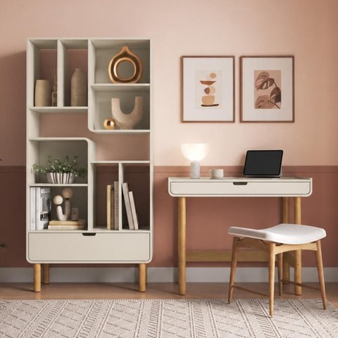 Estante Livreiro Home Office e Mesa Escrivaninha Orgânica Nordic A03 Off White Roble - Lyam Decor