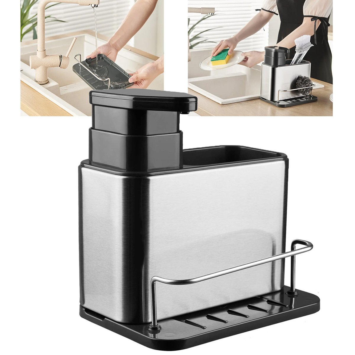 Dispenser Porta Detergente Escorredor Esponja 3 em 1 Inox Cozinha Pia Balcao Limpeza Higiene Escorre - 1