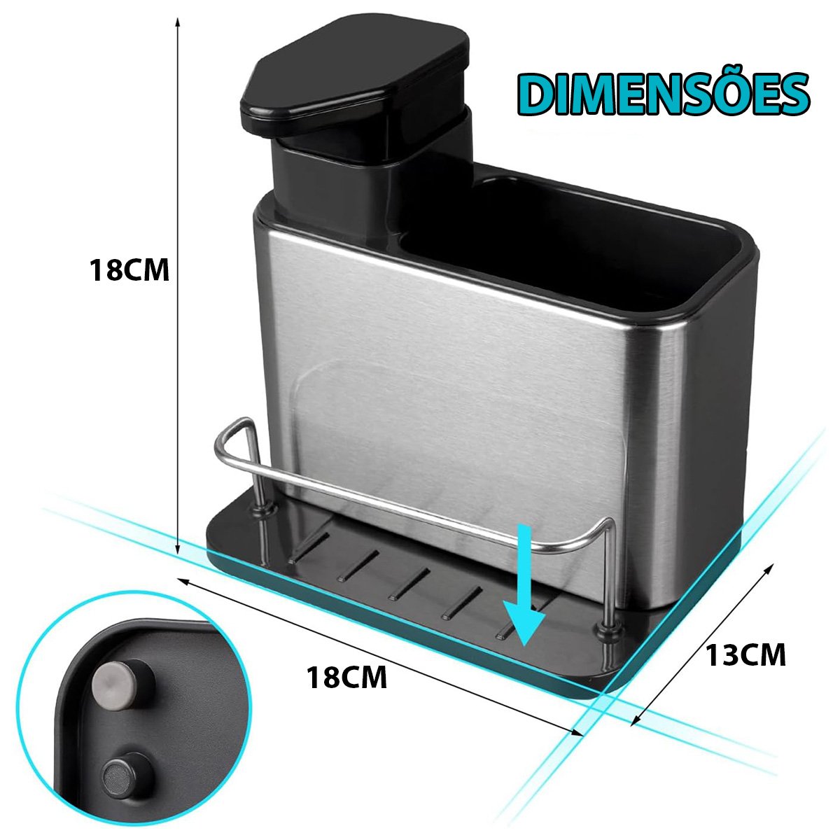 Dispenser Porta Detergente Escorredor Esponja 3 em 1 Inox Cozinha Pia Balcao Limpeza Higiene Escorre - 10