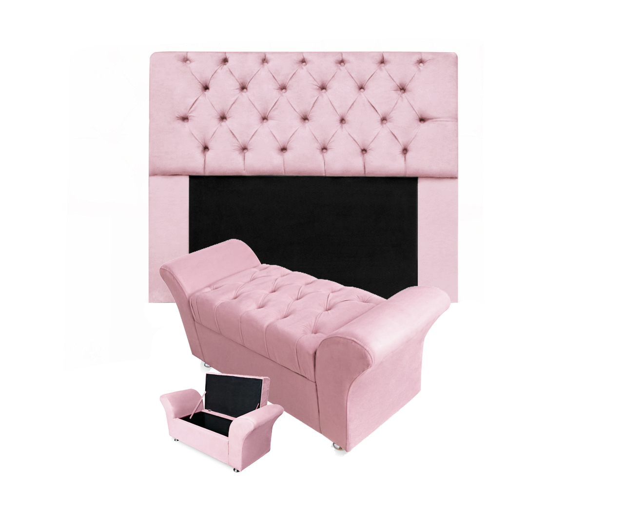 Combo Cabeceira Mirage e Calçadeira Baú Veneza Solteiro 90 cm Corano Rosa Bebe - DL Decor - 1