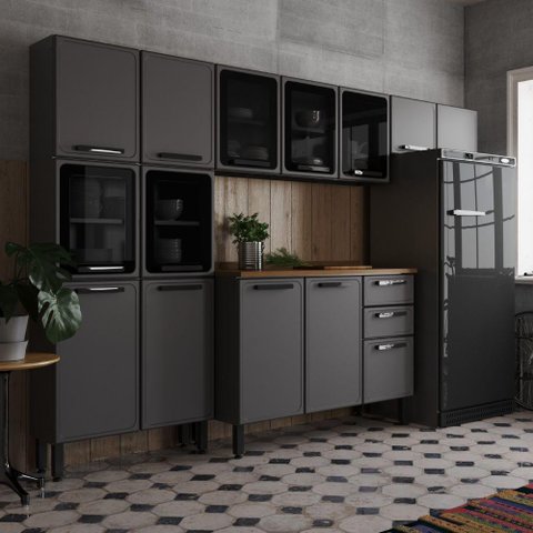 Cozinha Completa Aço 14 Ptas 2 Gav Grafite/vidro Estilo Bertolini