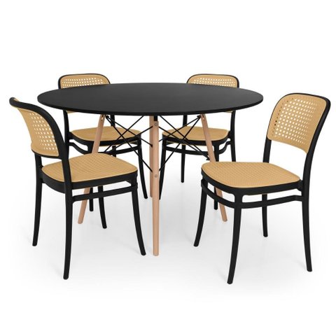 Conjunto Mesa de Jantar Redonda Eiffel Preta 120cm + 4 Cadeiras Roma - Preto