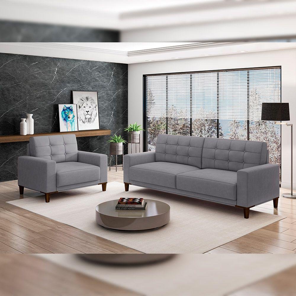Conjunto Decorativo Sofá 3 Lugares E Poltrona Darcy Cinza - 2