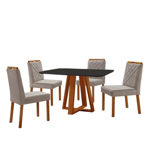 Conjunto Sala de Jantar Mesa Floripa 120x80cm Preto com 4 Cadeiras Dallas Veludo Cinza