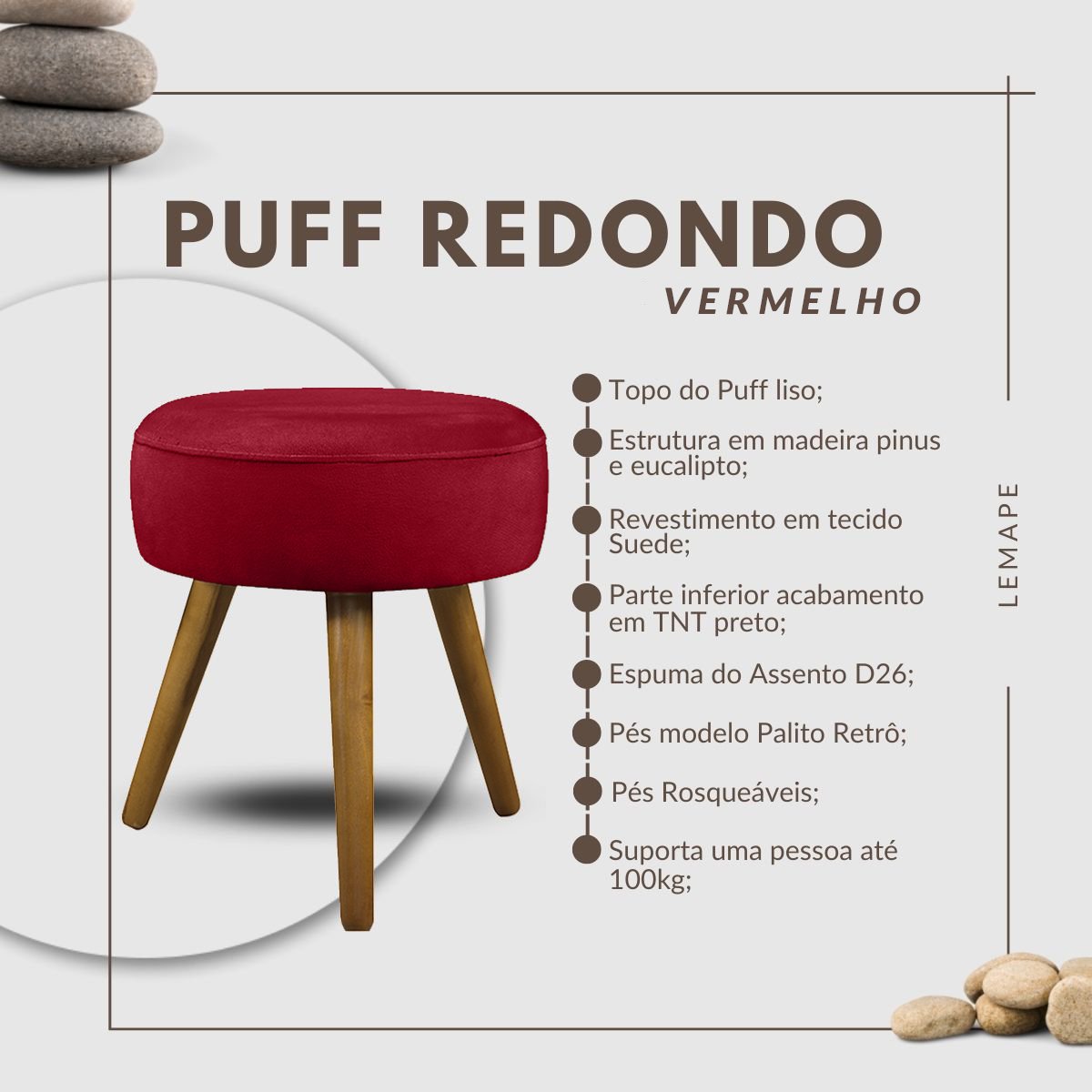 Puff Pufe Decorativo Redondo Pés Palito Suede Vermelho - 3