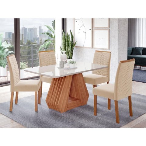 Conjunto de Mesa de Jantar Tampo de Vidro Off White Agata 1,30 e 4 Cadeiras Clarice Wood Cinamomo/
