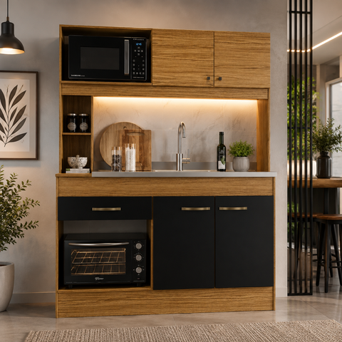 Cozinha Compacta Zeta 4 Portas 1 Gaveta 3 Prateleiras AC7072 Naturalle/Preto Fosco - Decibal