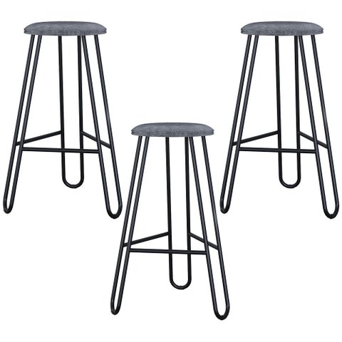 Kit 03 Banquetas Baixa Bar Cozinha Sala de Jantar Áris C01 Preto Linho Prata - Lyam Decor