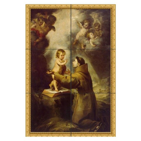 Quadro Santo Antônio Ajoelhado com Menino Jesus 60x40 em Azulejos