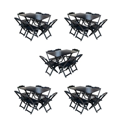 Kit 5 Conjuntos de Mesa Dobravel com 6 Cadeiras de Madeira 120x70 para Restaurante e Bar - Preto