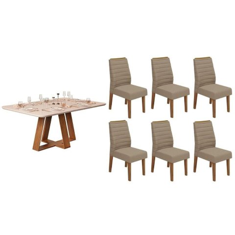 Sala de Jantar Completa Celeste C/ Tampo Madeirado C/ Vidro Curvo 160x90cm e 6 Cadeiras Ondina