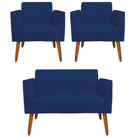 Conjunto Namoradeira e 2 Poltronas Decorativas Isabella Pés Palito Madeira Suede Azul Marinho - Gran